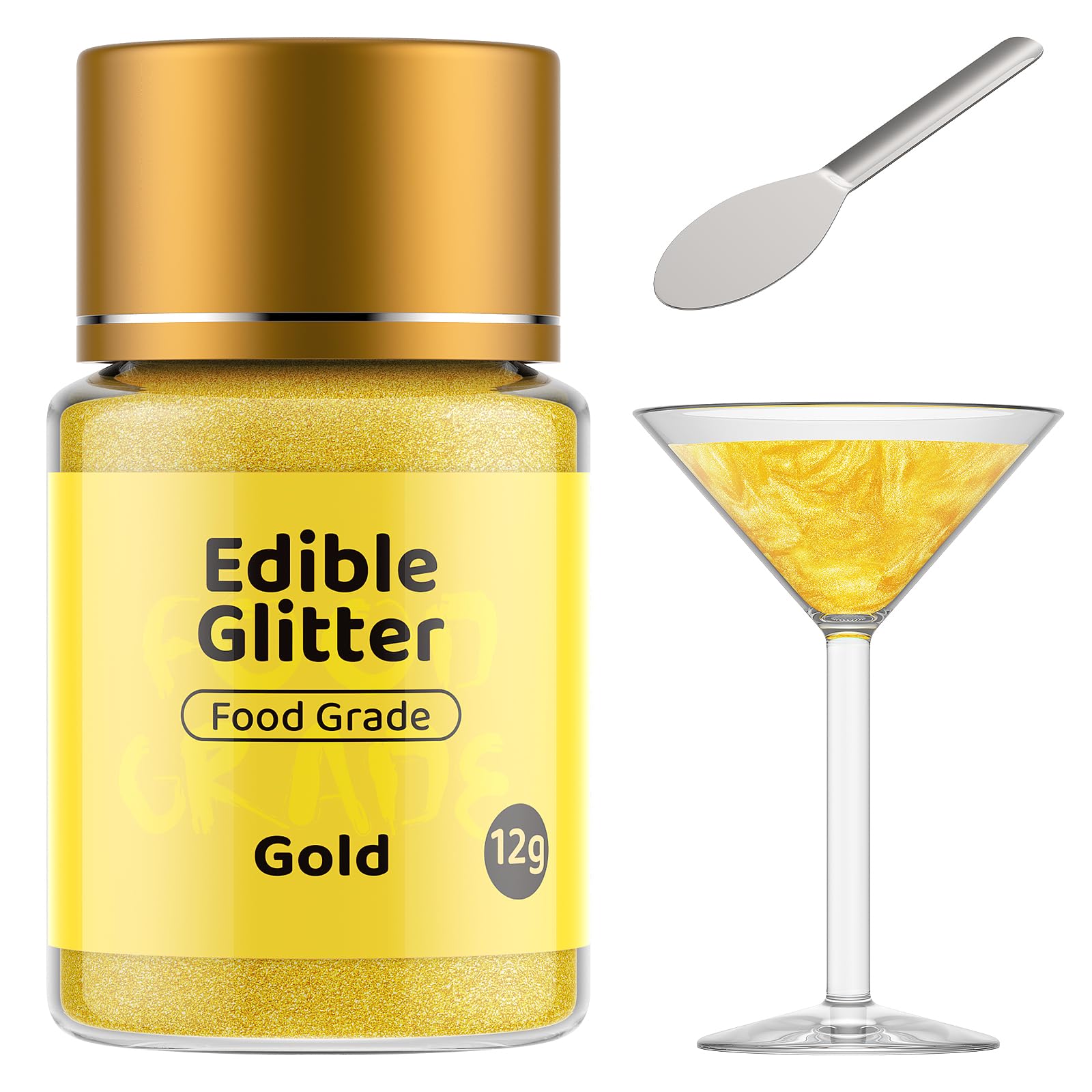 Jelife gold edible glitter on a cocktail adds festive sparkle.