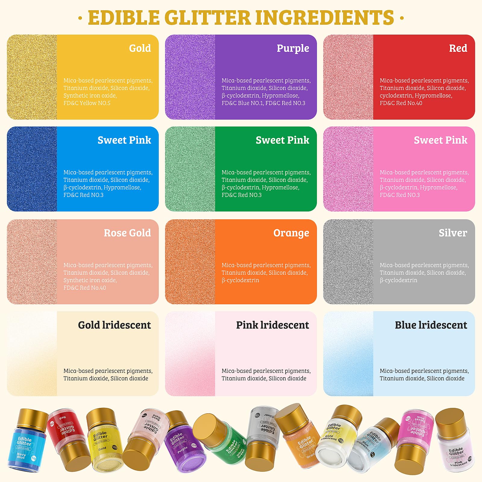 Jelife gold edible glitter packaging makes dipping and sprinkling easy.