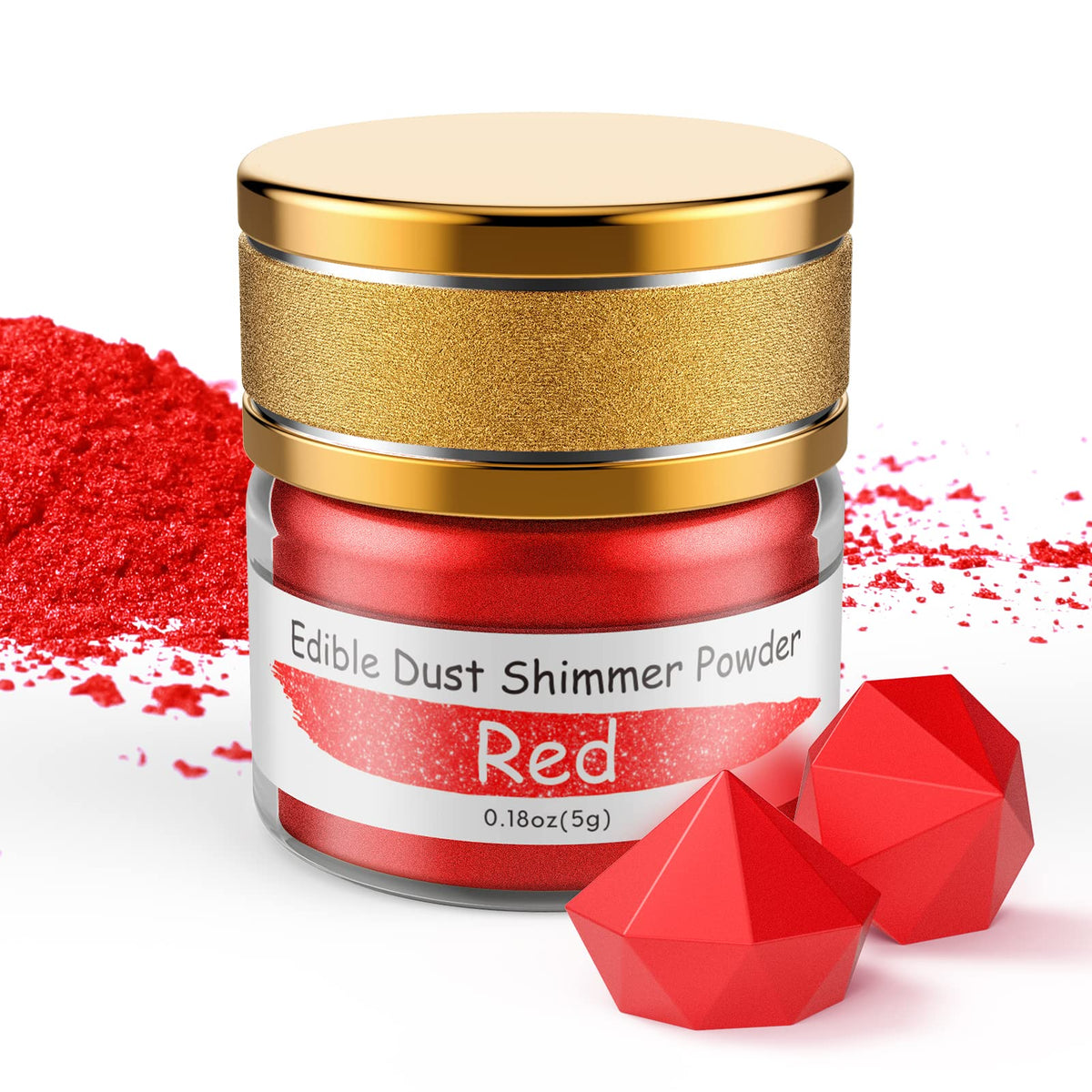 Jelife Red Edible Luster Dust jar showing vibrant red metallic shimmer for fondant decorating.