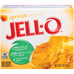 Jell-O Apricot Gelatin Mix box shows a quick colorful dessert base