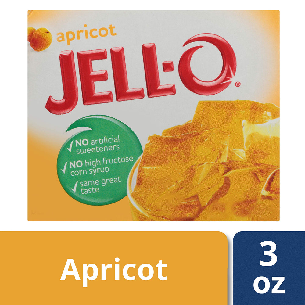 Ingredients for Jell-O Apricot Gelatin Mix and powder for easy prep