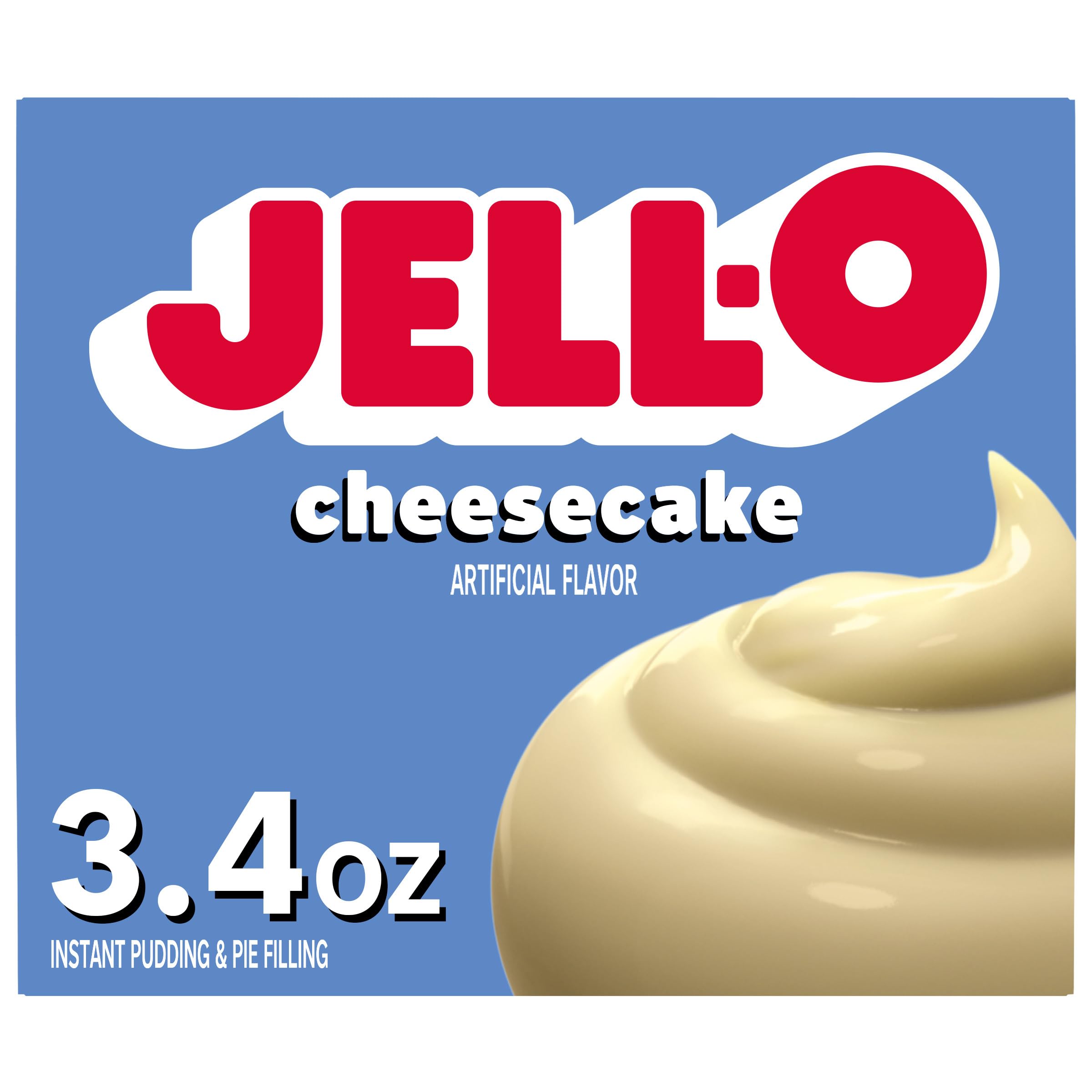 Jell-O Cheesecake pudding box front, showcasing packaging and a quick dessert option.