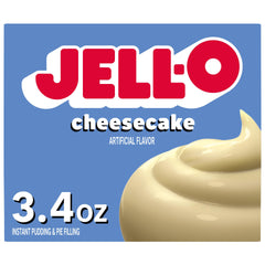Jell-O Cheesecake pudding box front, showcasing packaging and a quick dessert option.