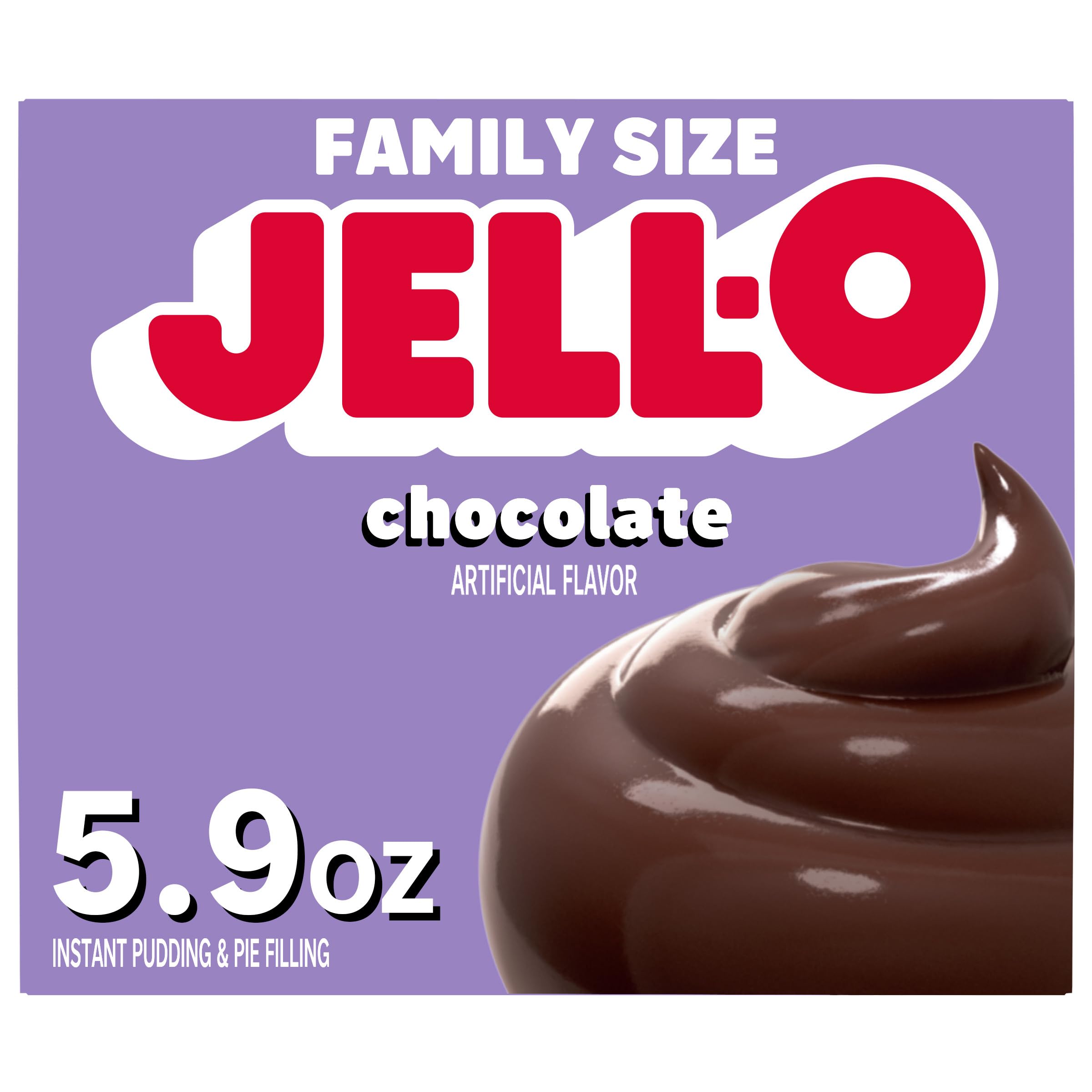 Jell-O chocolate pudding mix packaging shown for a quick pantry staple.
