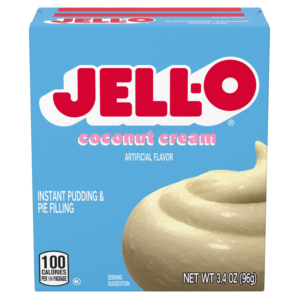 Jell-O Coconut Cream Pudding Mix box in six pack, ideal for quick dessert ideas.