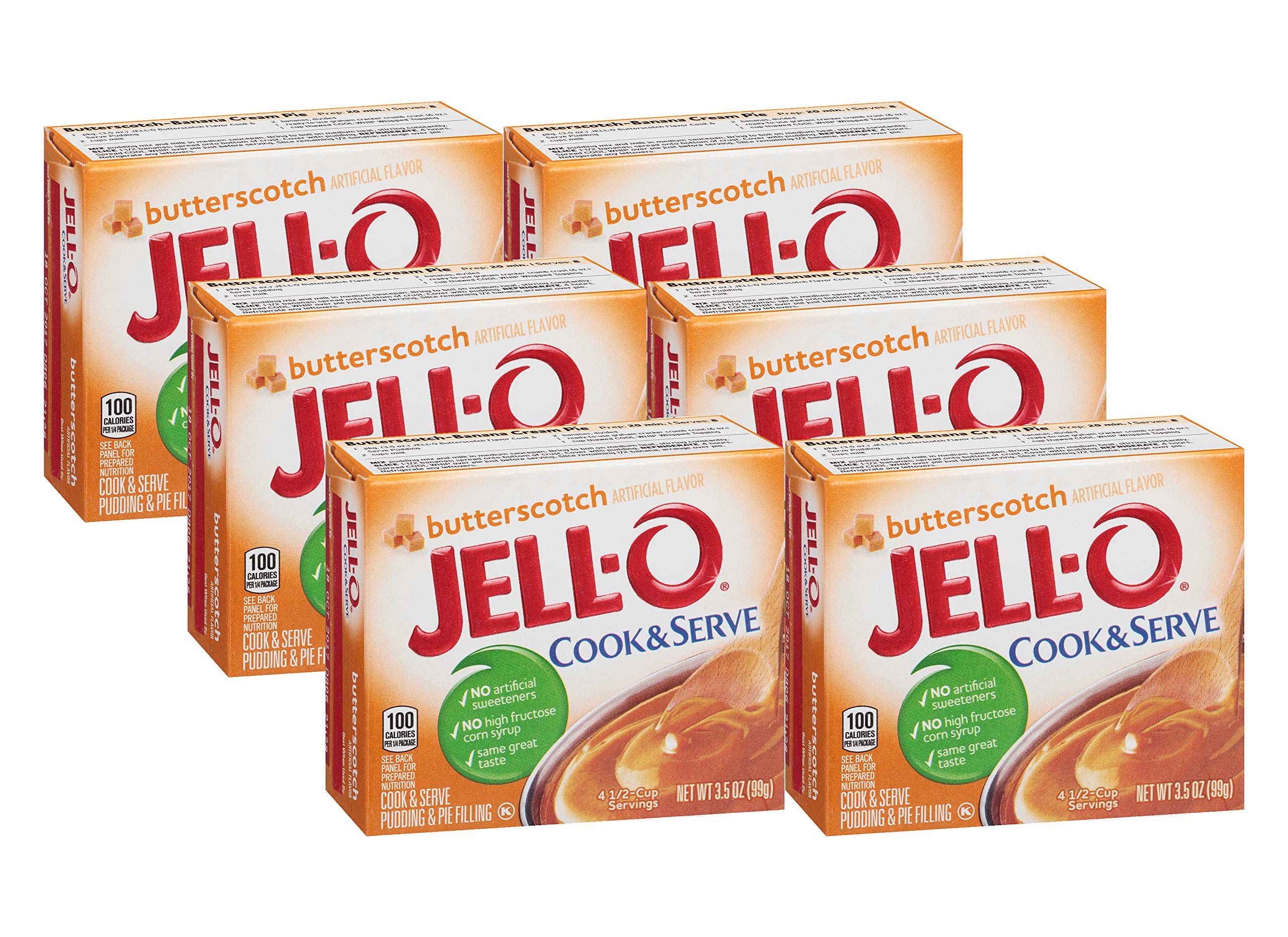 Jell-O Cook & Serve Butterscotch pudding boxes for quick dessert prep.