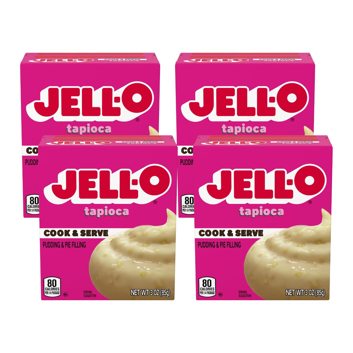 Jell-O Cook & Serve Tapioca pudding box four-pack for quick, fat-free desserts