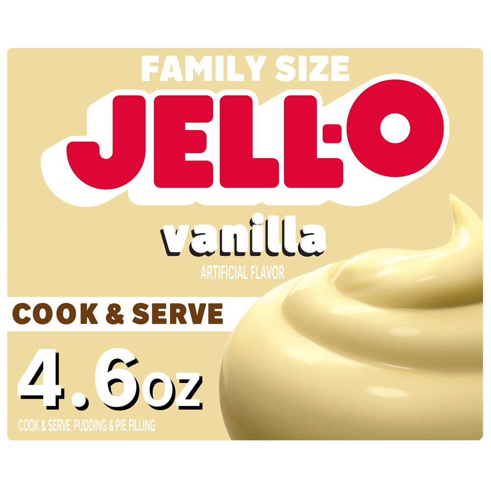 Jell-O Cook & Serve Vanilla Pudding Box ready to mix.