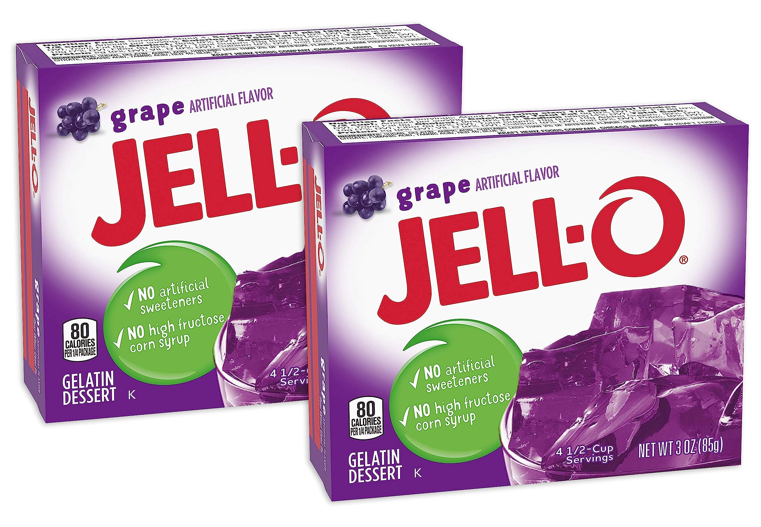 Jell-O grape gelatin dessert, pack of two, ready for serving and sharing.