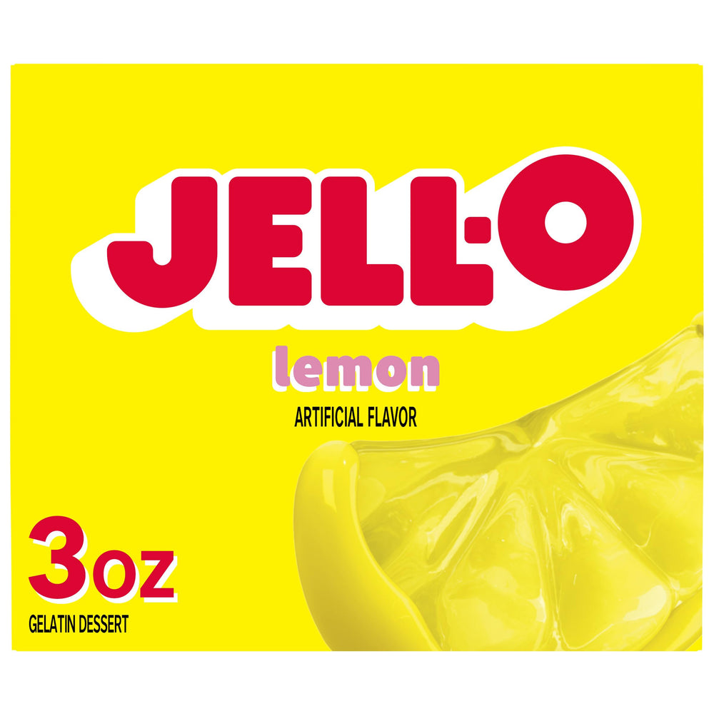 Jell-O Lemon Gelatin dessert mix in a box for quick, colorful snacking