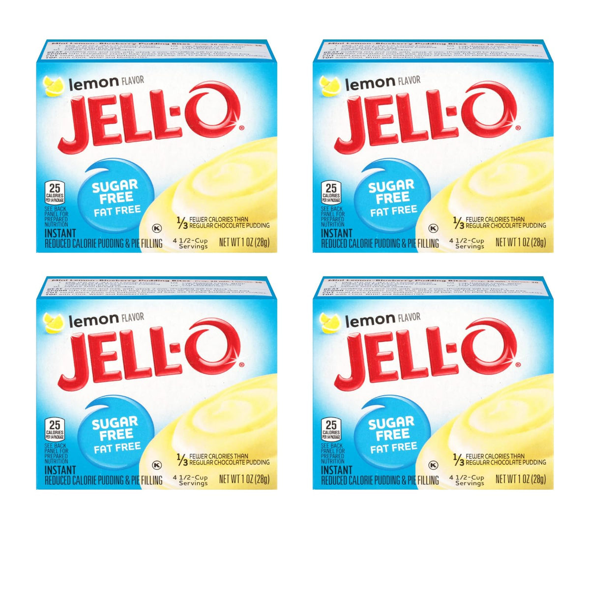 Jell-O Lemon pudding boxes on pantry shelf offer quick, lighter dessert options.