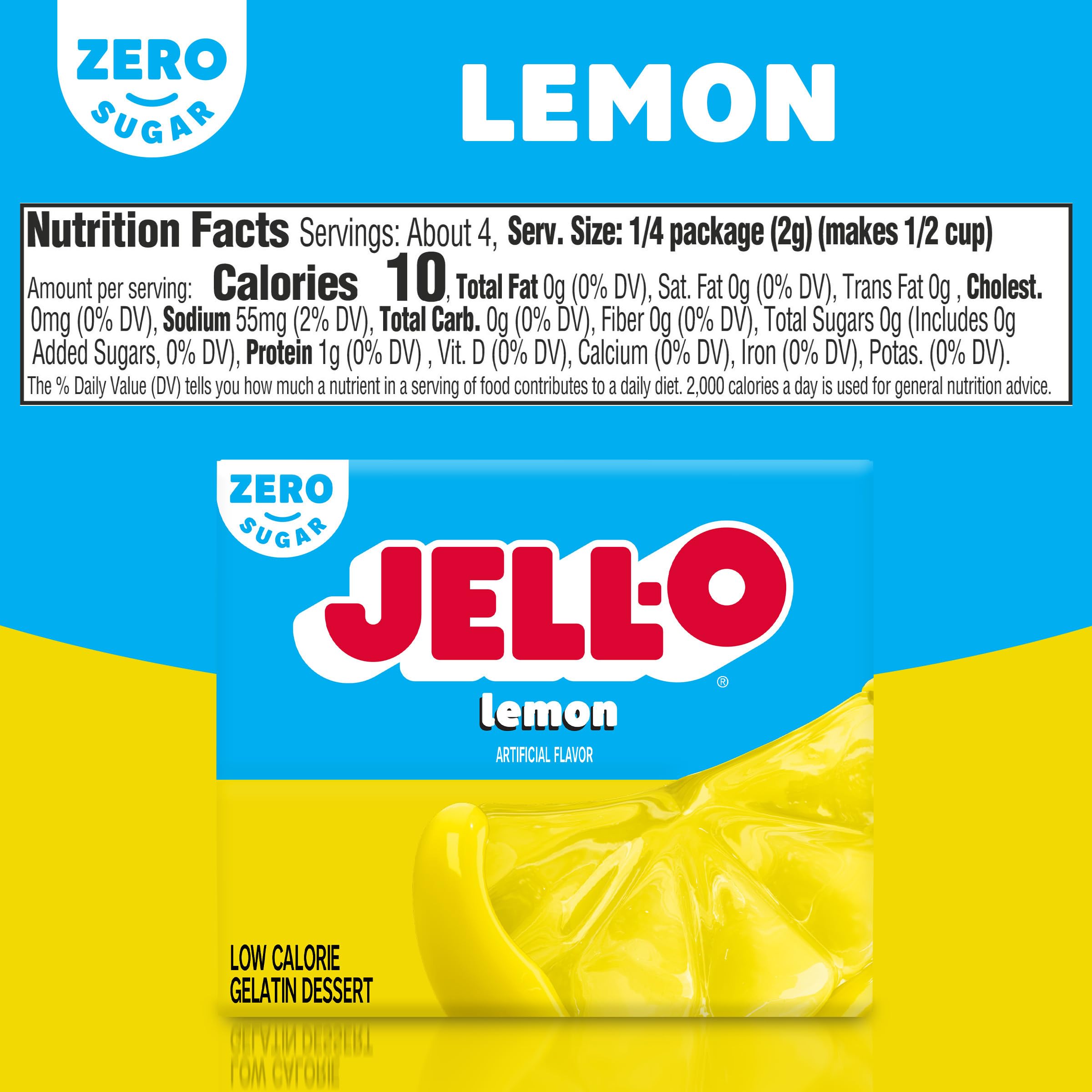 Jell-O Lemon Zero Sugar gelatin box dissolves in hot water, showing fast prep for a refreshing dessert