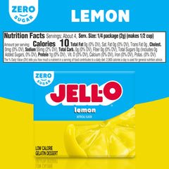 Jell-O Lemon Zero Sugar gelatin box dissolves in hot water, showing fast prep for a refreshing dessert