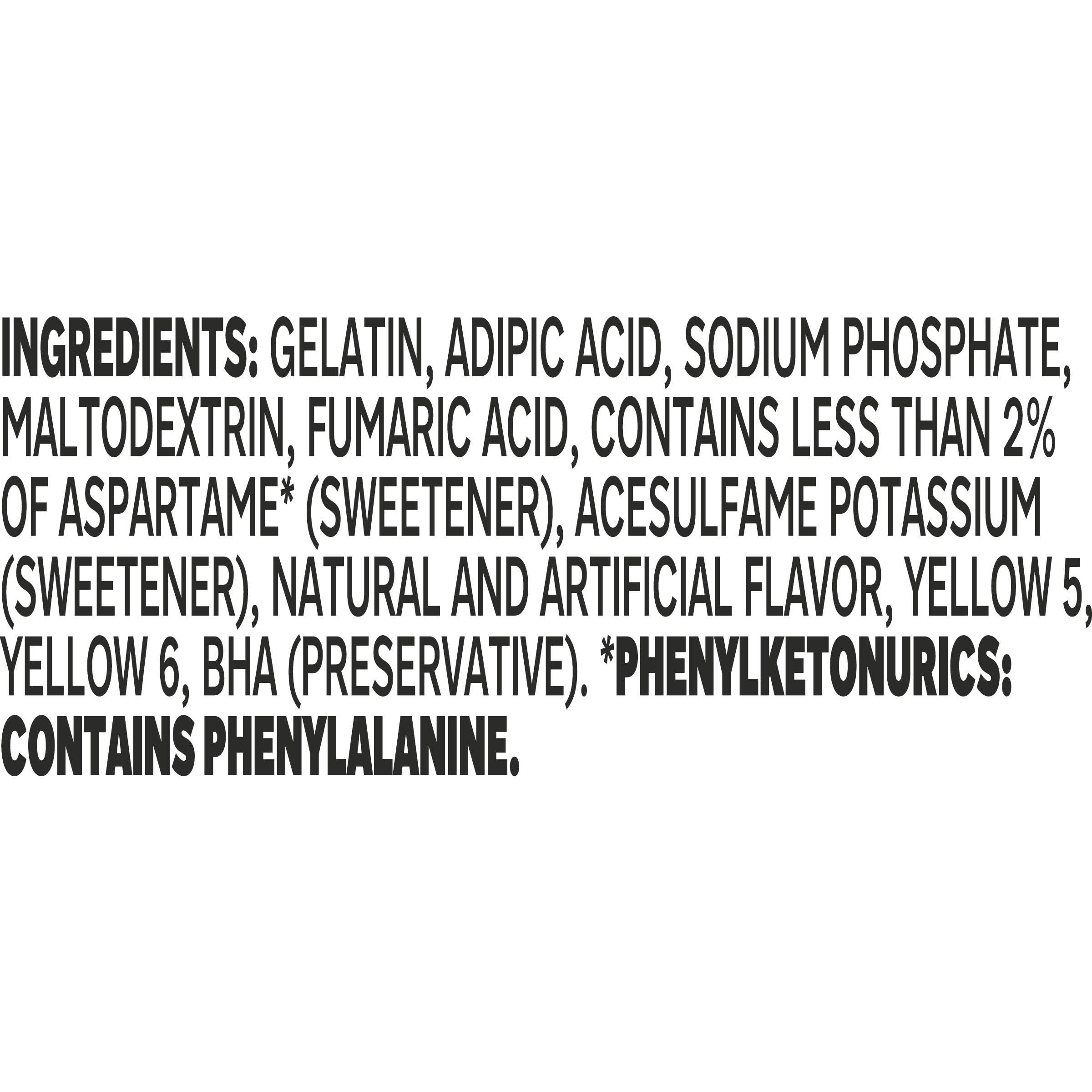 Jell-O Lemon Zero Sugar pouch close-up highlights convenient 0.3 oz single-use pack for easy snacking