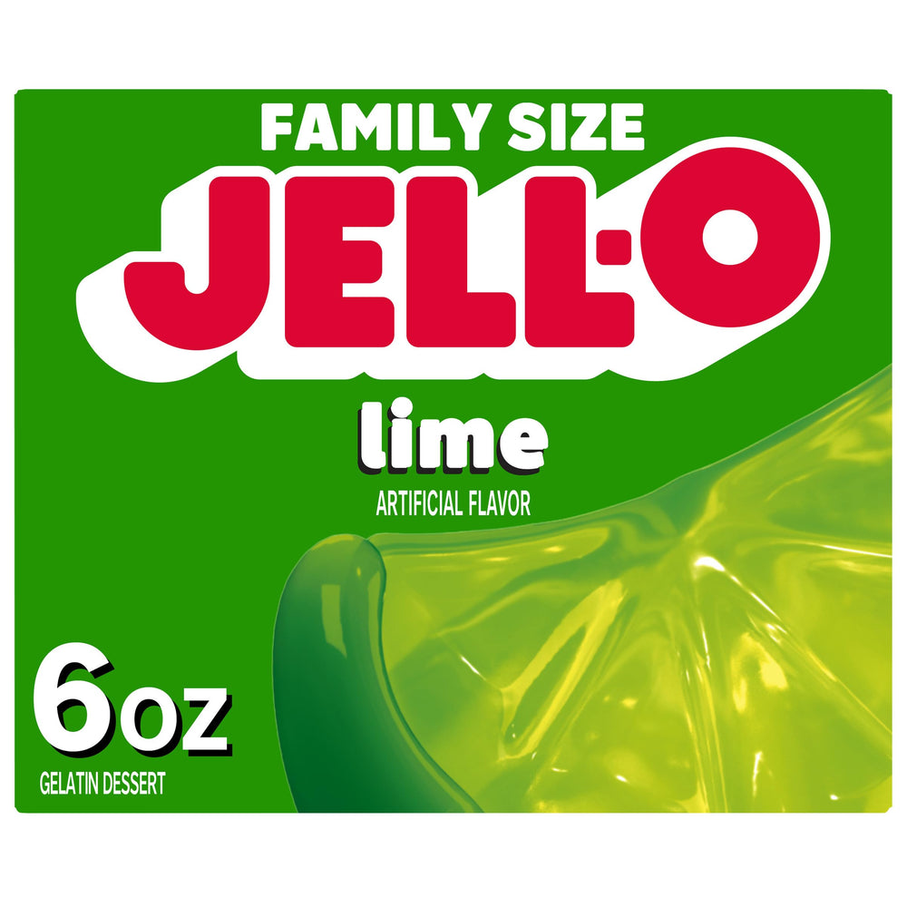 Jell-O Lime Gelatin Dessert Box on counter, ideal for family snacking