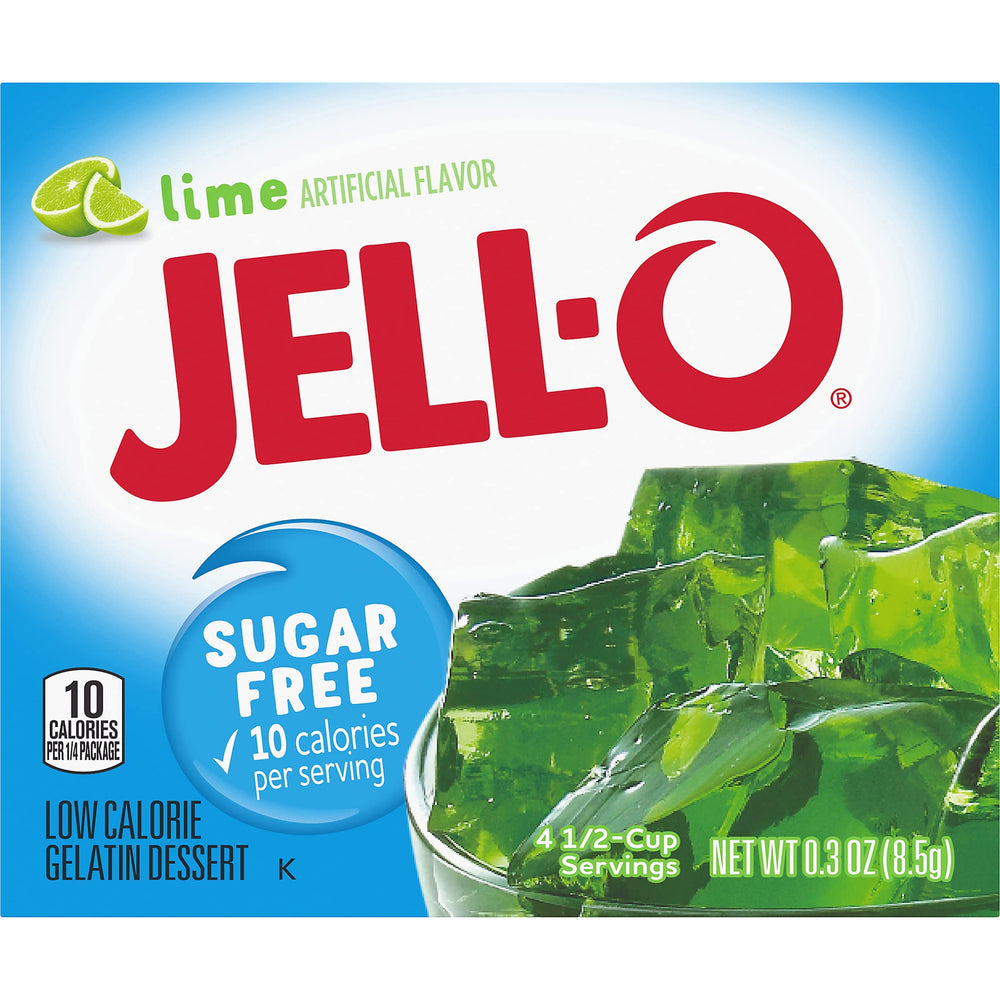 Jell-O lime sugar-free gelatin box 6-pack, convenient dessert option.