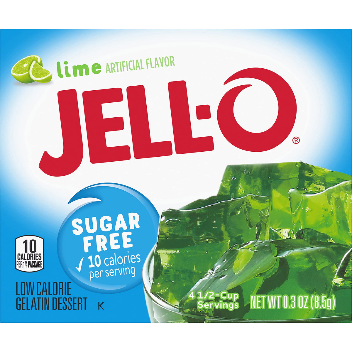 Jell-O lime sugar-free gelatin box 6-pack, convenient dessert option.