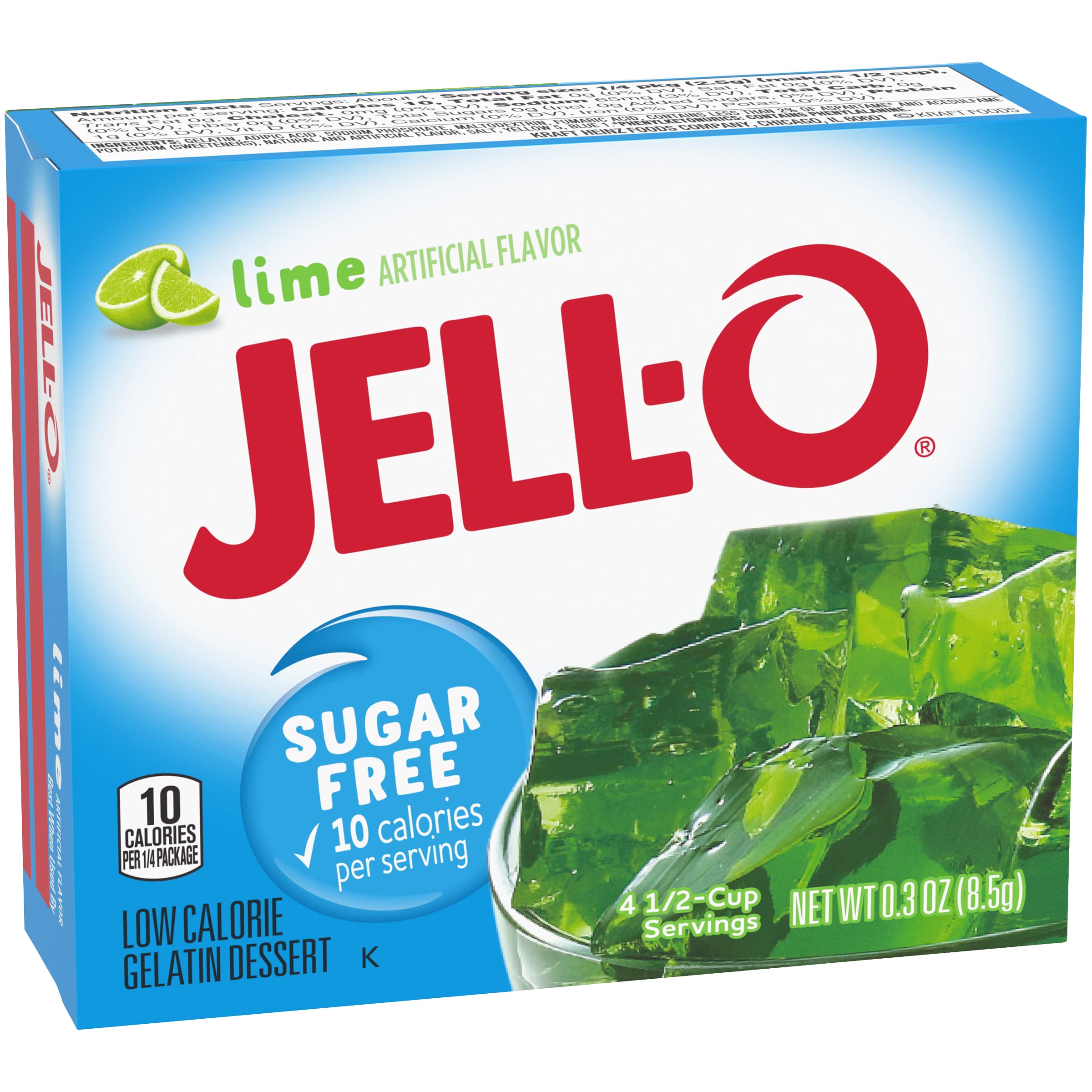 Jell-O lime sugar-free gelatin in ready-to-serve cups with vibrant color.