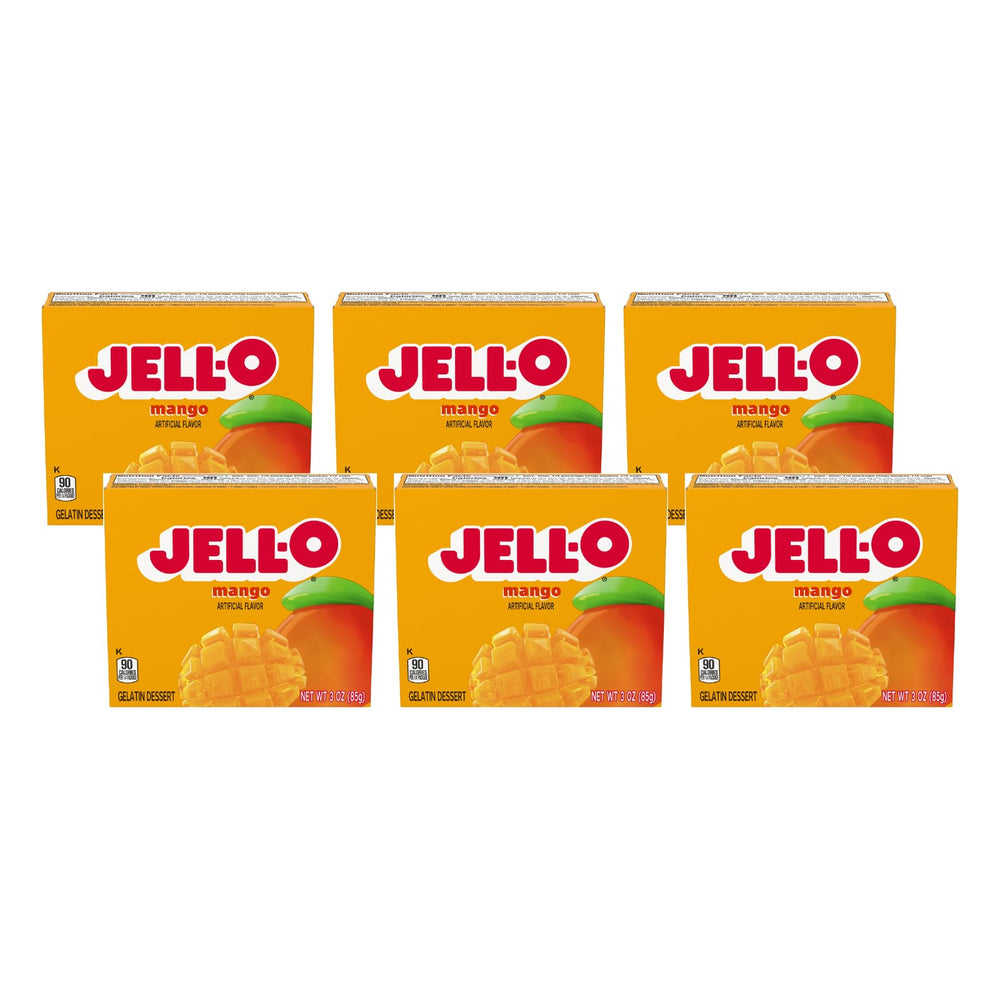 Jell-O Mango gelatin boxes show convenient six-pack dessert options.
