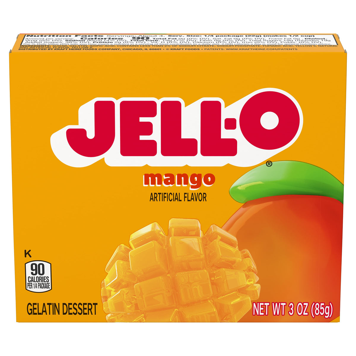 Jell-O Mango Gelatin Dessert Mix in a sealed pouch for quick, fruity snacks.