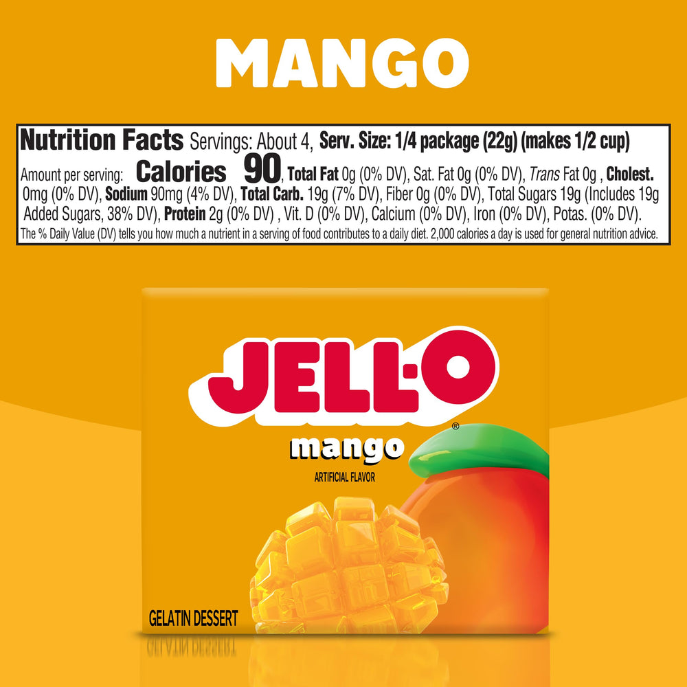 Jell-O Mango gelatin party setup with bright desserts.