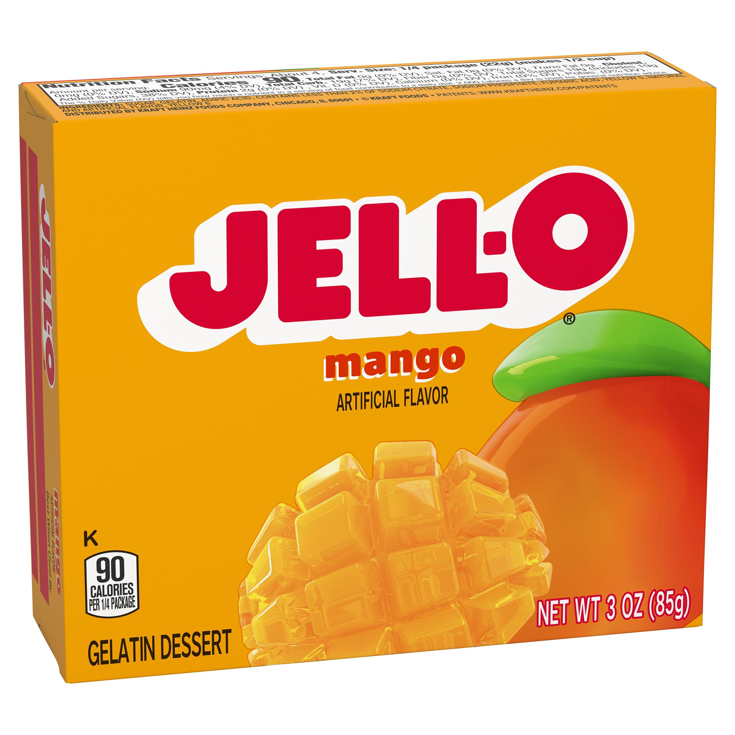 Jell-O Mango gelatin stirred with cold water for smooth blending.
