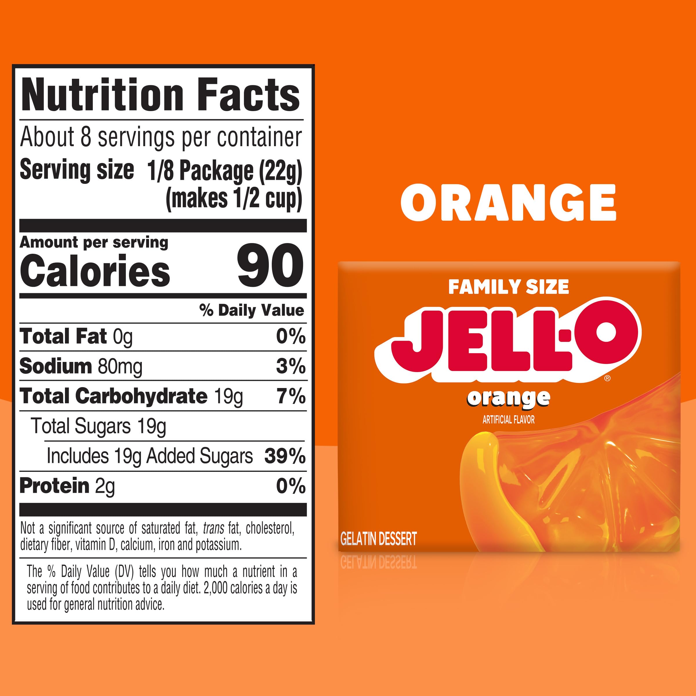 Jell-O Orange Gelatin packaging back highlights ingredients and serving sizes.