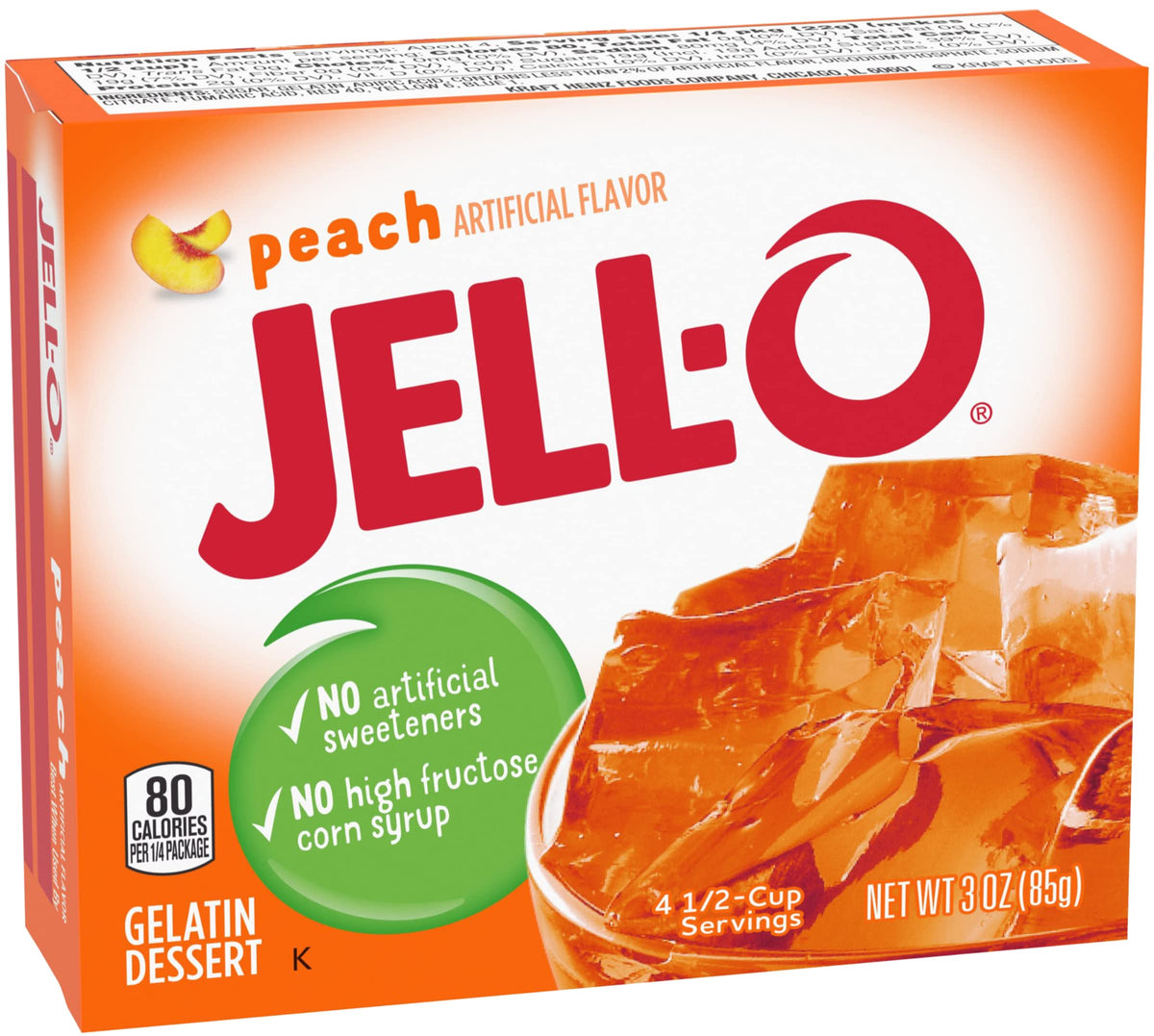 Jell-O Peach Gelatin Dessert six-pack, front view for quick snacks.