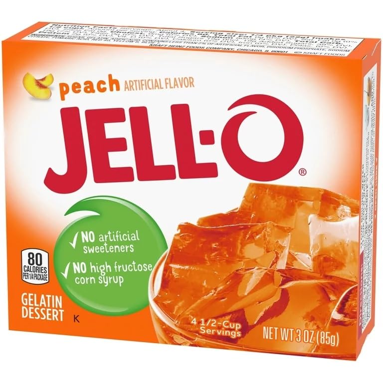 Jell-O Peach Gelatin packaging on shelf, convenient four-pack
