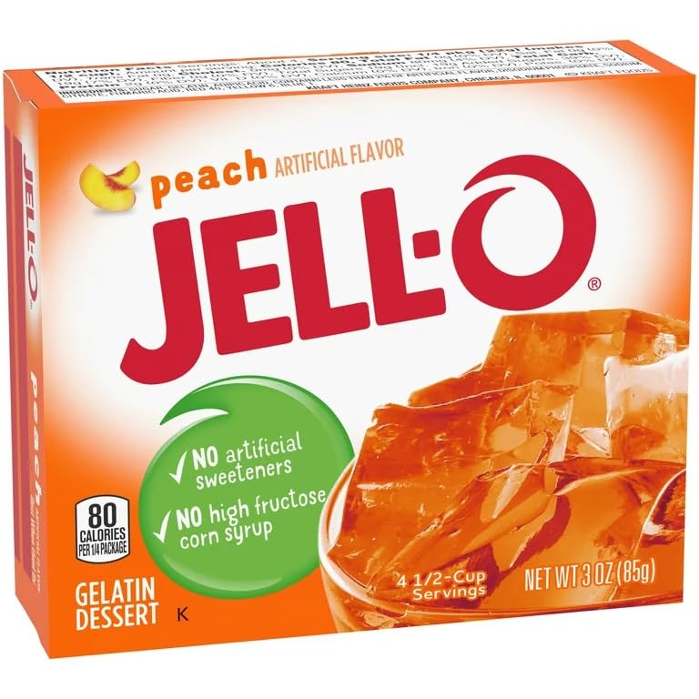 Jell-O Peach Gelatin serving with peach slices, bright party-friendly dessert