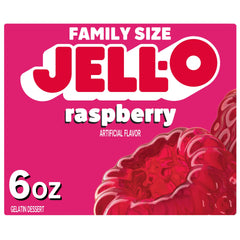 Jell-O Raspberry Gelatin Dessert Mix in a box for easy family snacking.