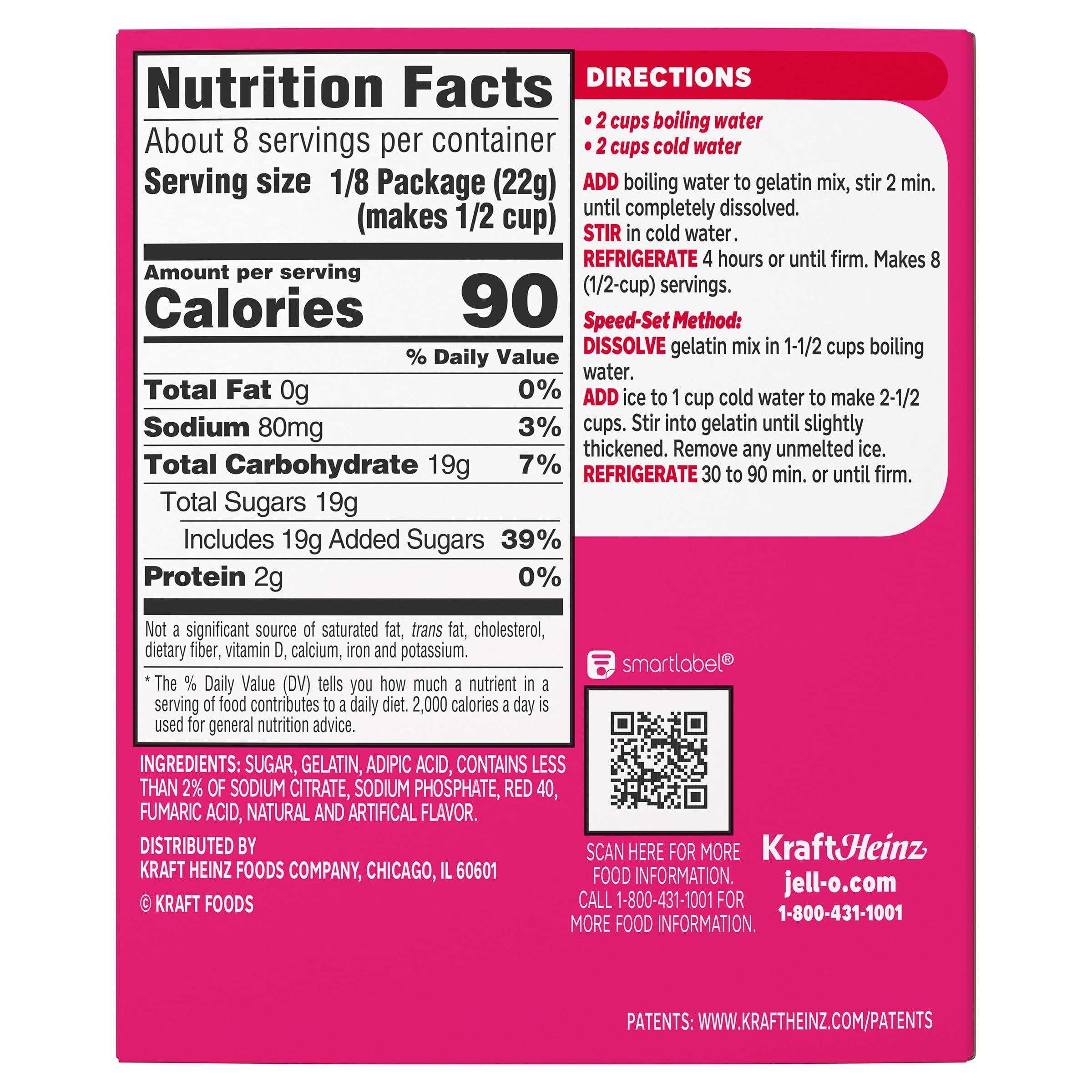 Jell-O Raspberry Gelatin Dessert Mix sealed pouch preserves freshness.