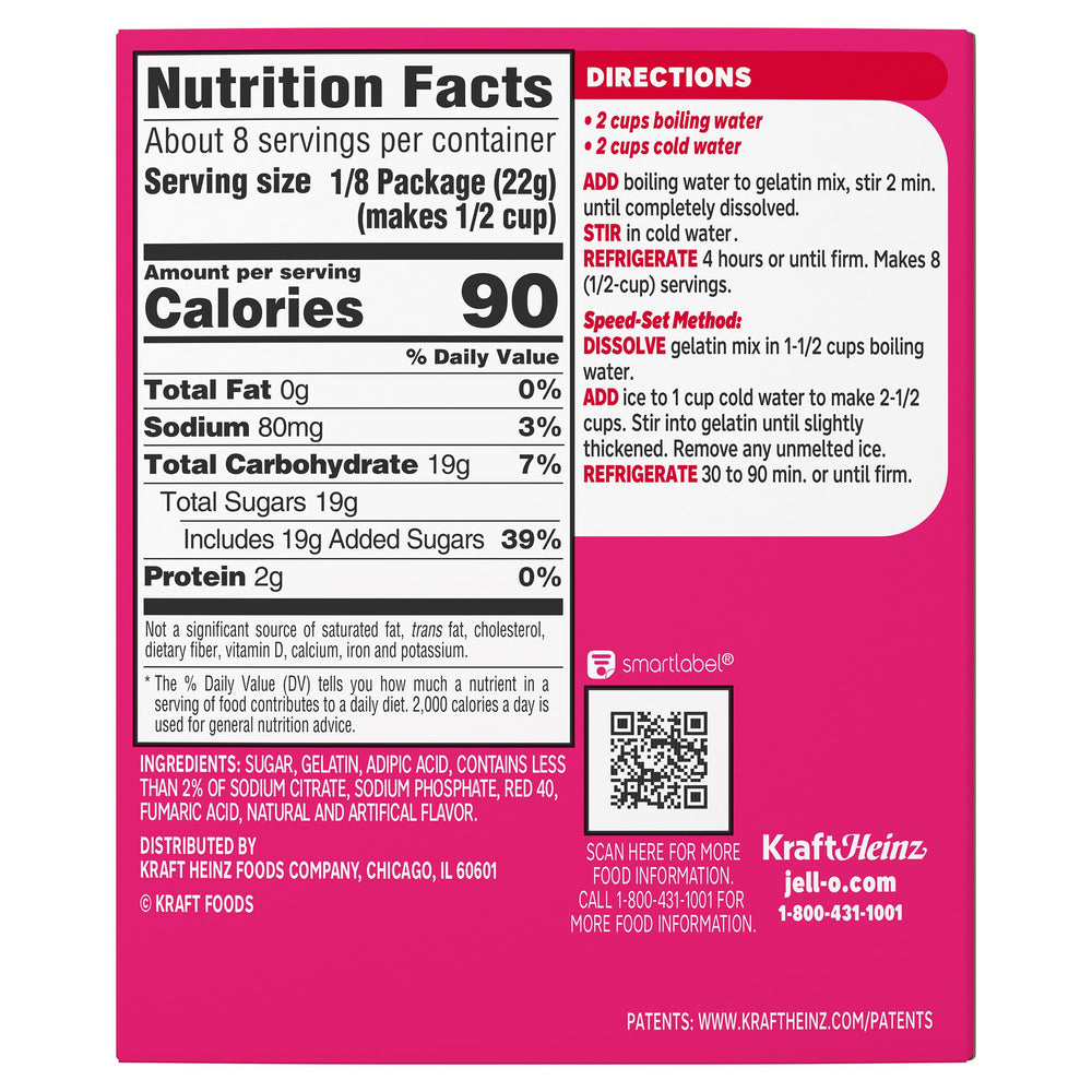 Jell-O Raspberry Gelatin Dessert Mix sealed pouch preserves freshness.