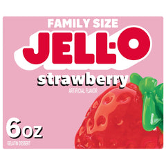 Jell-O Strawberry Gelatin Dessert Mix box front ideal for family snacking.