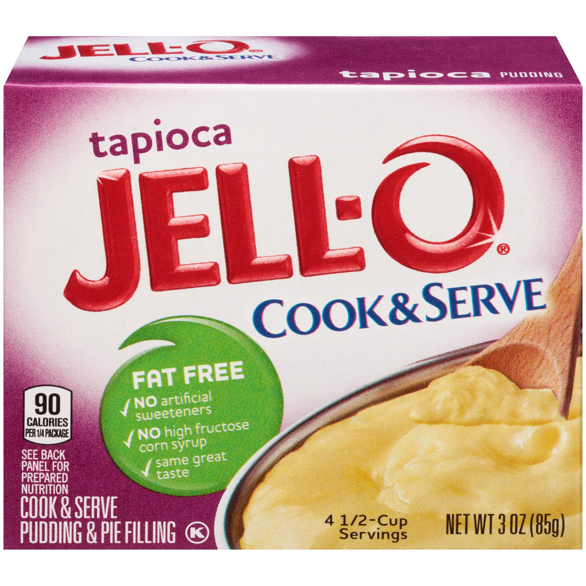 Jell-O Tapioca Cook and Serve box front, a convenient fat-free dessert option.