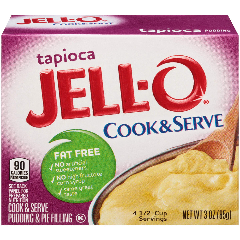 Jell-O Tapioca Cook and Serve box front, a convenient fat-free dessert option.