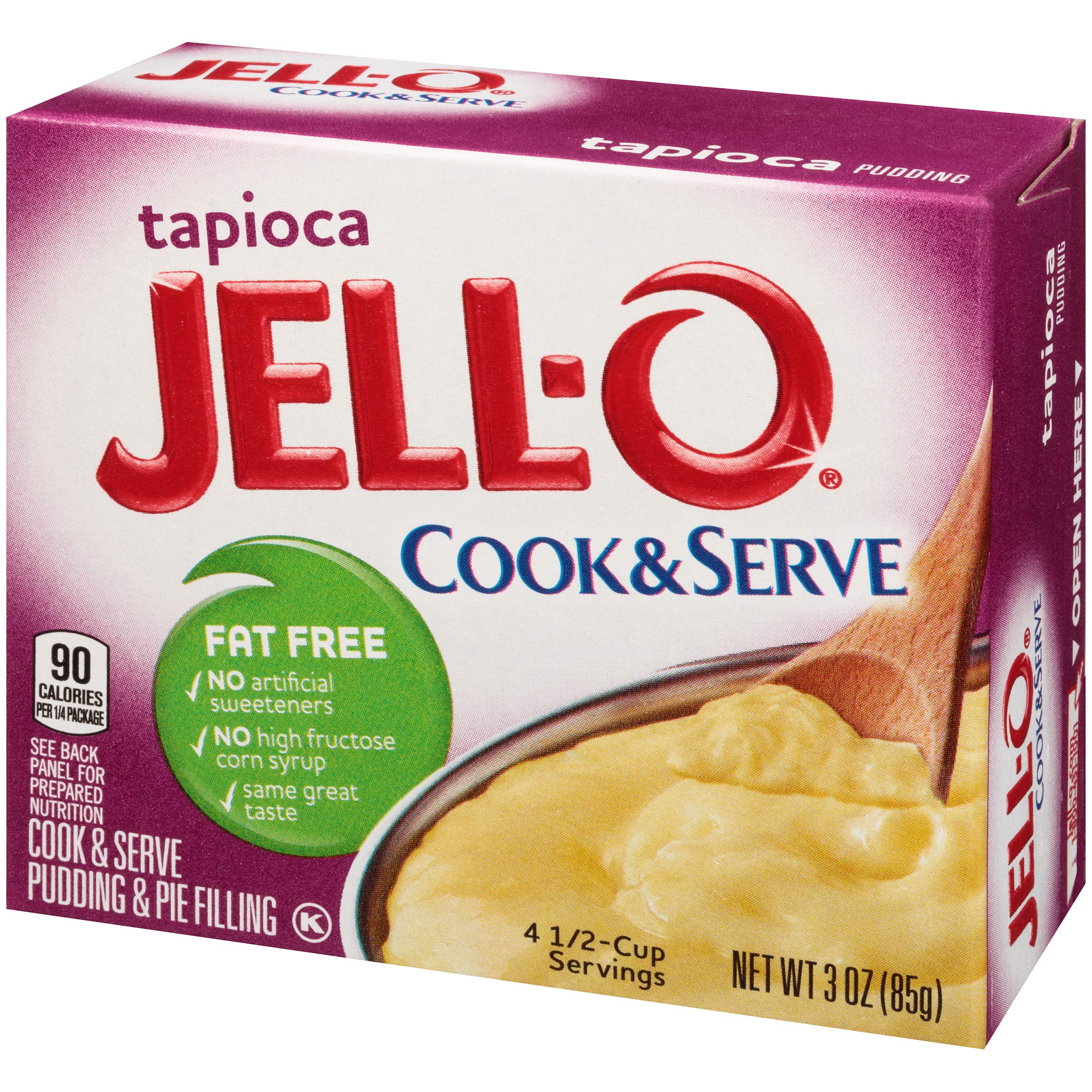Jell-O Tapioca ingredients shot invites fast fat-free dessert prep.