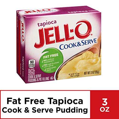 Jell-O Tapioca pudding powder close-up emphasizes smooth texture before mixing.