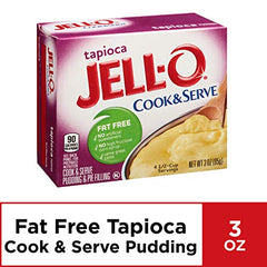 Jell-O Tapioca pudding powder close-up emphasizes smooth texture before mixing.