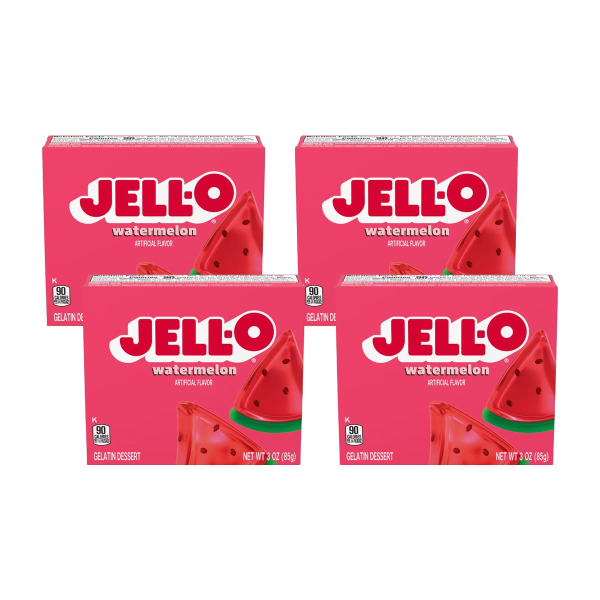 Jell-O Watermelon dessert mix packaging shows four 3 oz boxes for easy hosting.