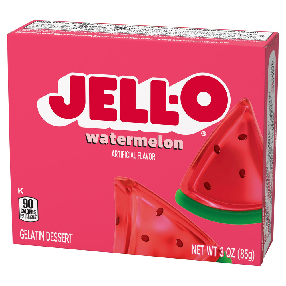 Jell-O Watermelon gelatin cooling in the refrigerator until set.
