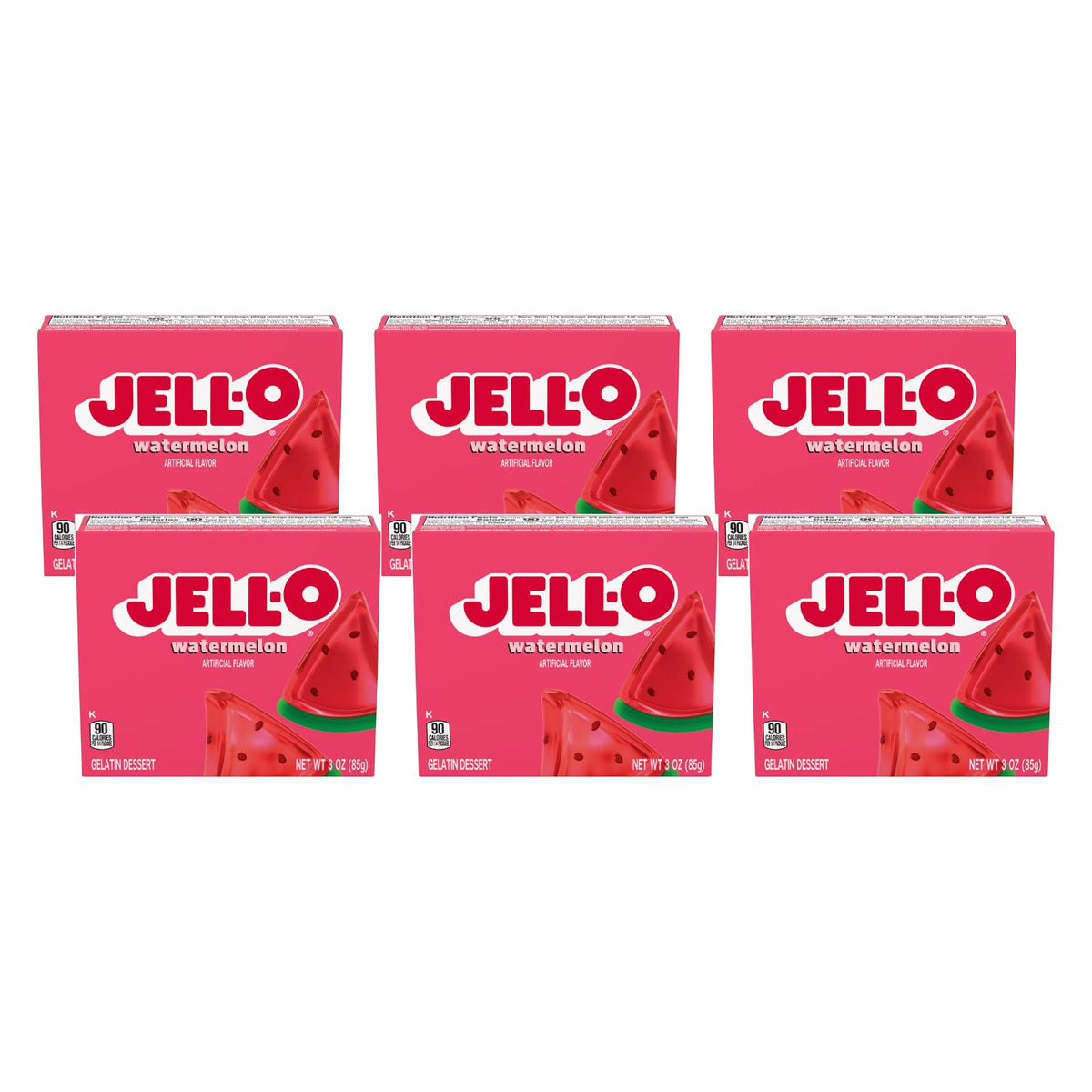 Jell-O Watermelon Gelatin Mix pack of six boxes for pantry storage.