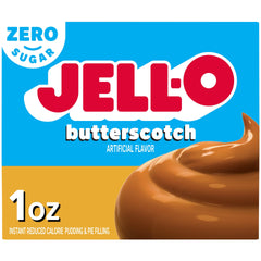 Jell-O Zero Sugar Butterscotch pudding packet, perfect for quick fat-free desserts.