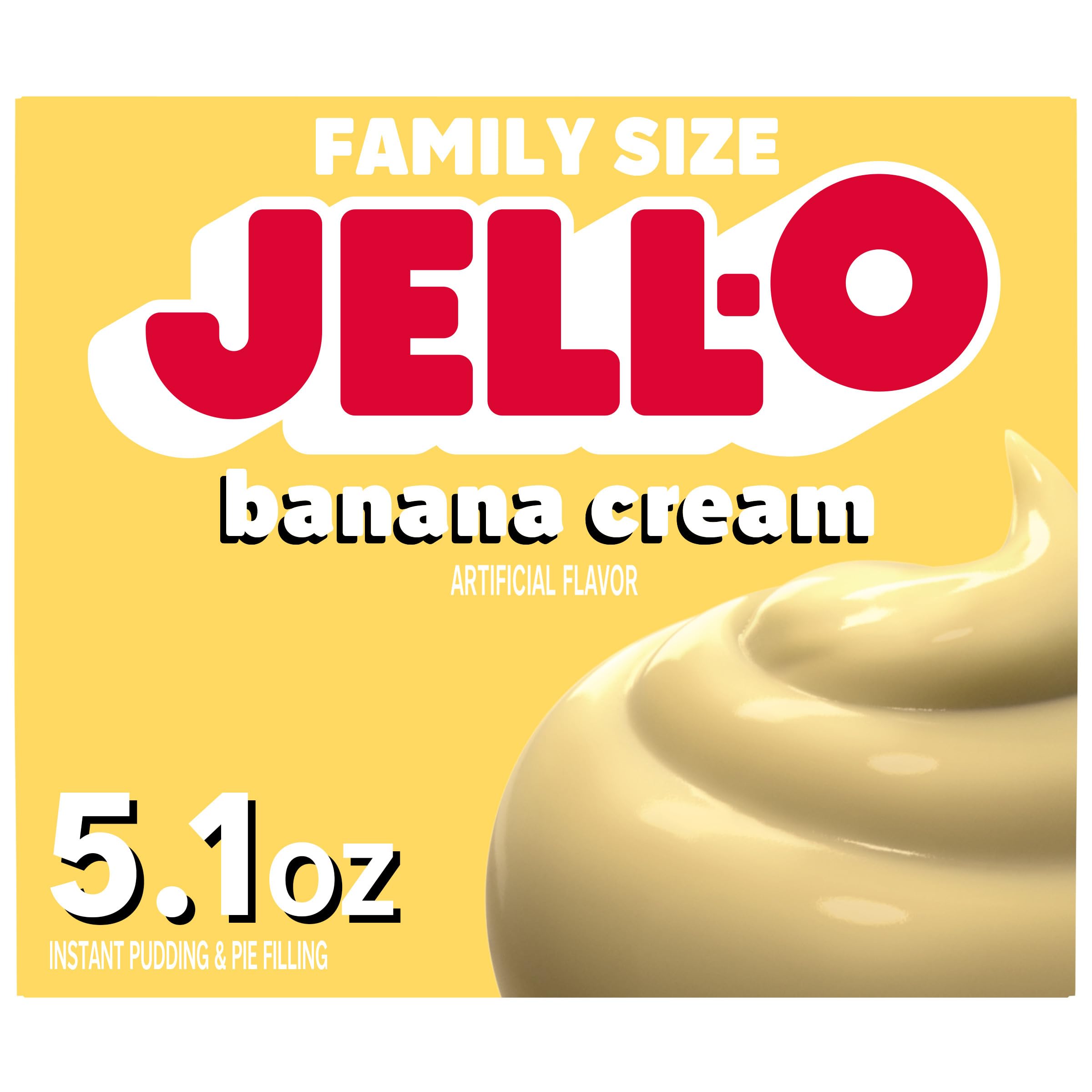 Jell-O Banana Cream pudding mix box for quick family dessert prep.