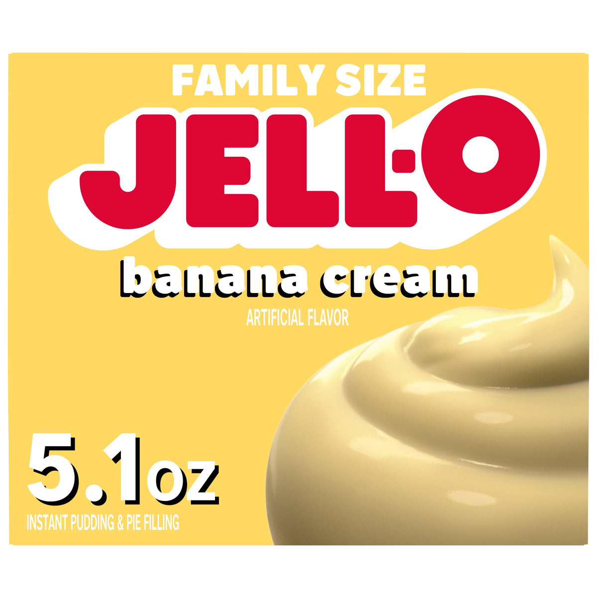 Jell-O Banana Cream pudding mix box for quick family dessert prep.