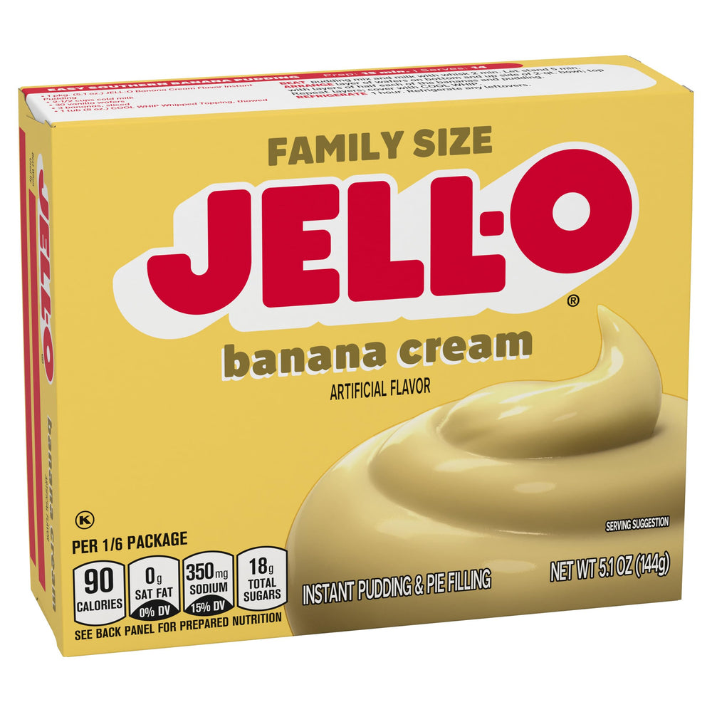 Jell-O Banana Cream family-size box ideal for shared treats.