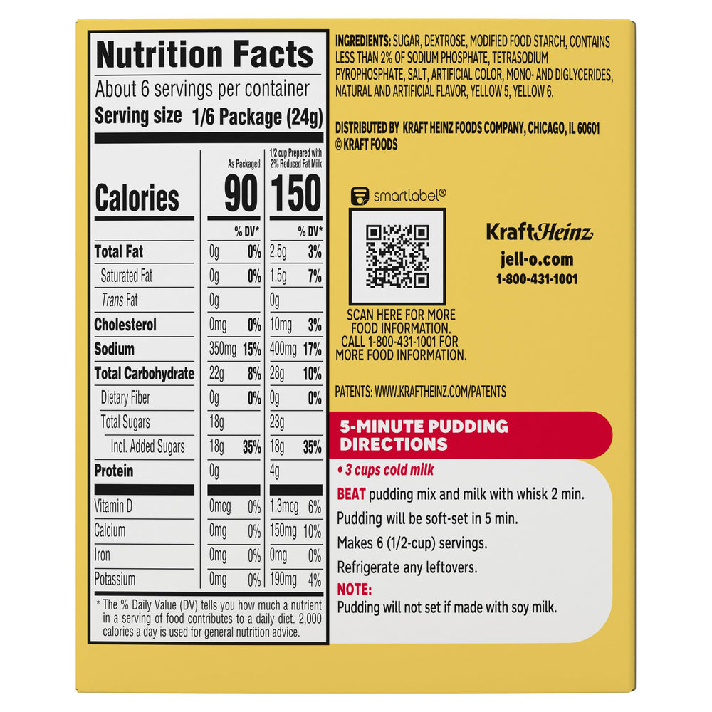 Jell-O Banana Cream pudding mix packaging and ingredients details.