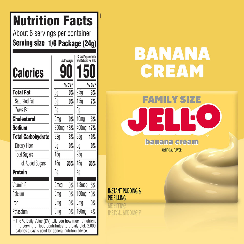 Jell-O Banana Cream pudding mix prepared pudding served in a bowl.