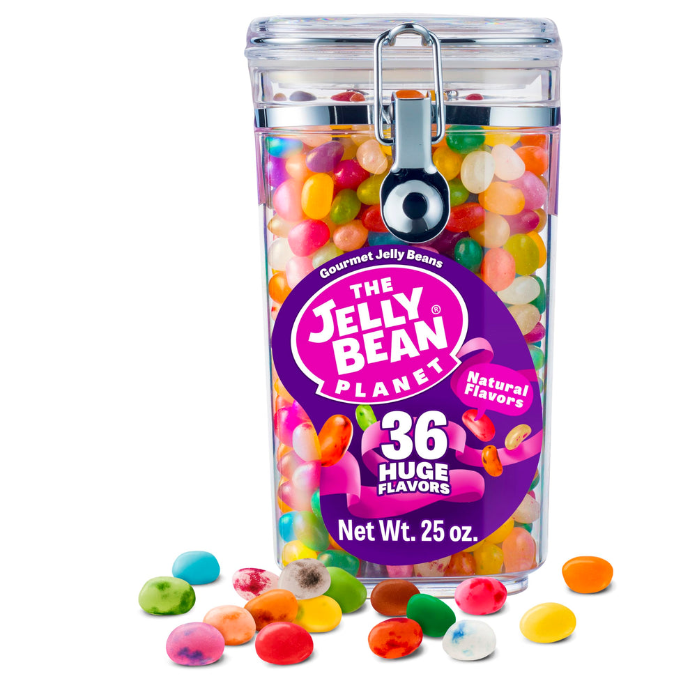 The Jelly Bean Planet 25 oz jar showcases 36 flavors for celebrations and gifting.