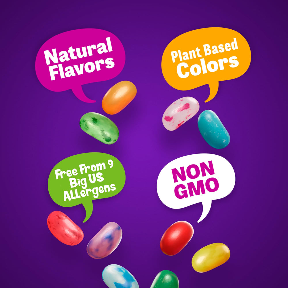 The Jelly Bean Planet five-fruity flavors displayed in a bright assortment.